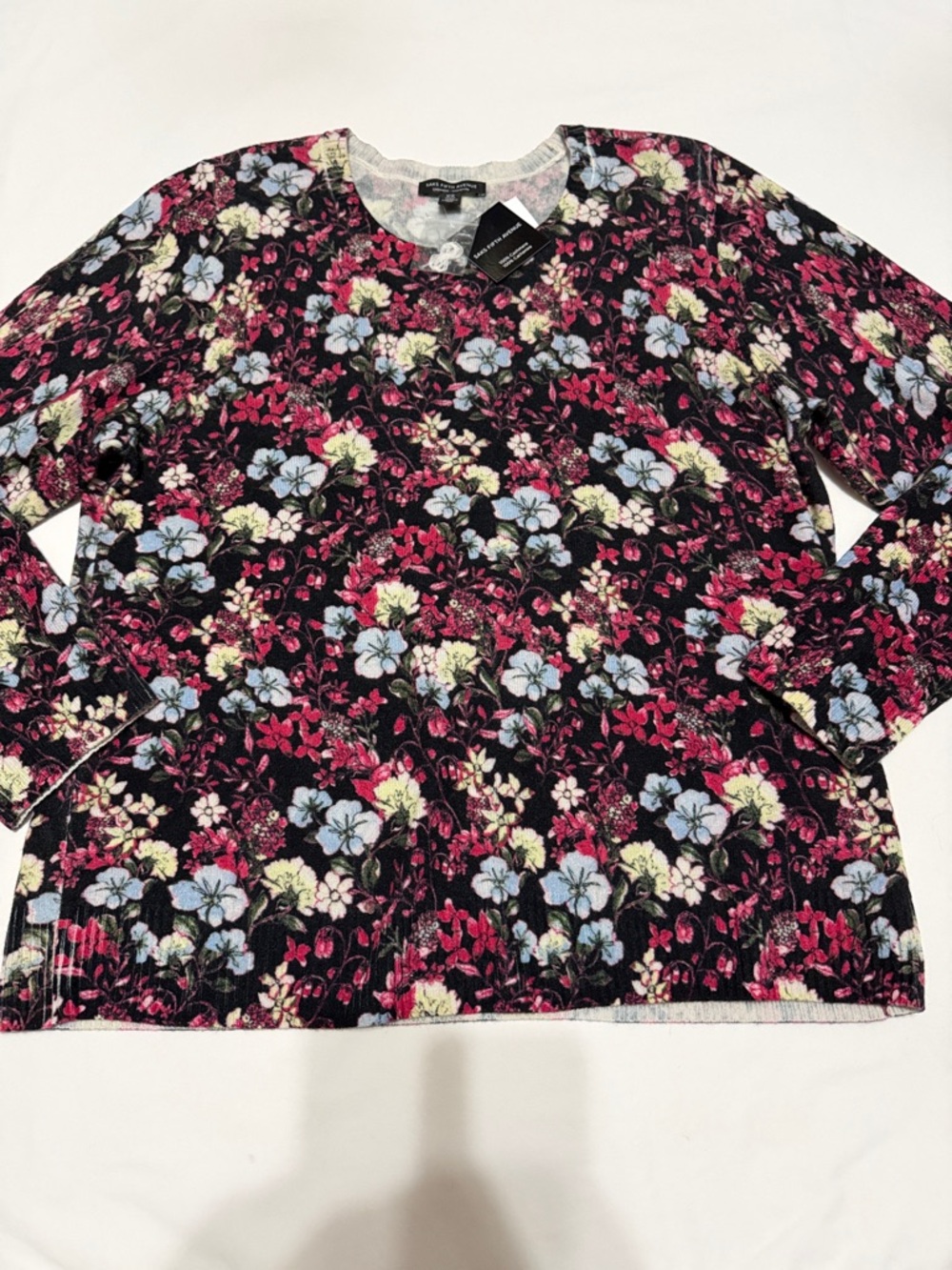 Saks Fifth Avenue Black Multi Floral Crewneck Long Sleeve Sweater XL NWT